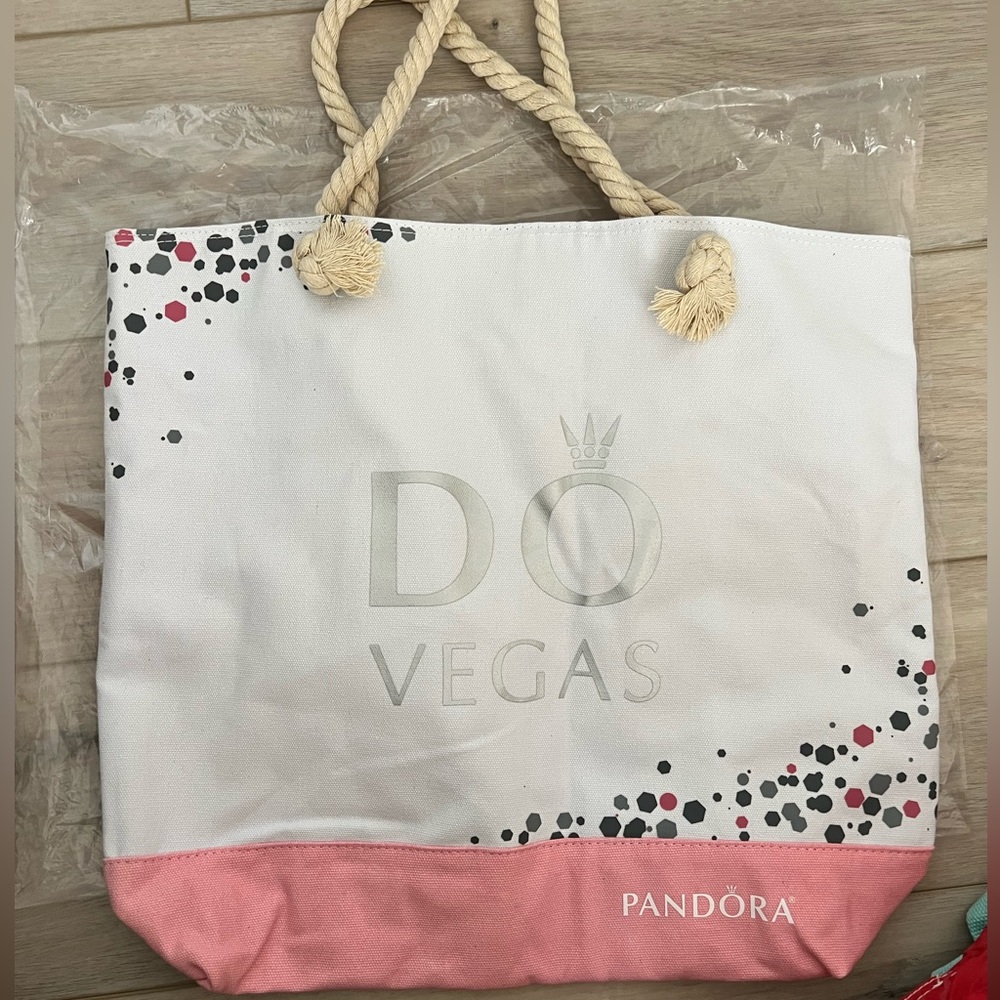 PANDORA  Tote Bag Pink Stripe Rope Handles Beach Logo Summer Vacation